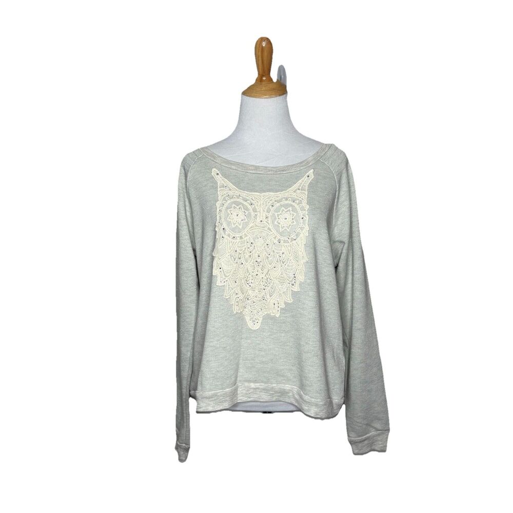 Miss Me Sweater Gray Pullover Long Sleeve Sweat Shirt Owl Knit Womens Large
